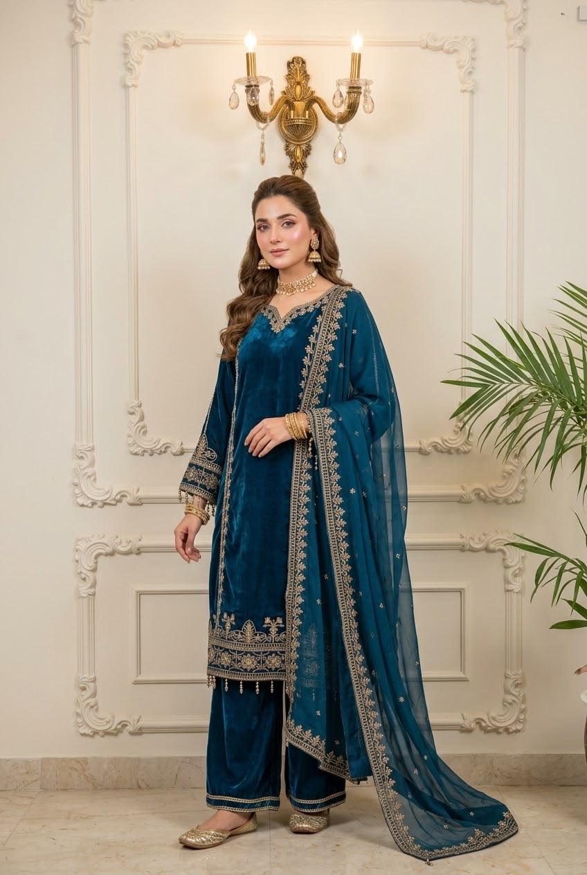 Blue Velvet Embroidered Shirt Palazzo Suit 3PC