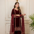 Maroon Velvet Embroidered Shirt Palazzo Suit 3PC