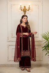 Maroon Velvet Embroidered Shirt Palazzo Suit 3PC