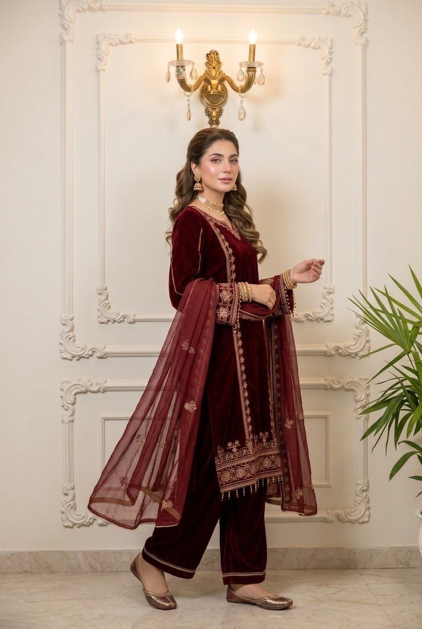 Maroon Velvet Embroidered Shirt Palazzo Suit 3PC