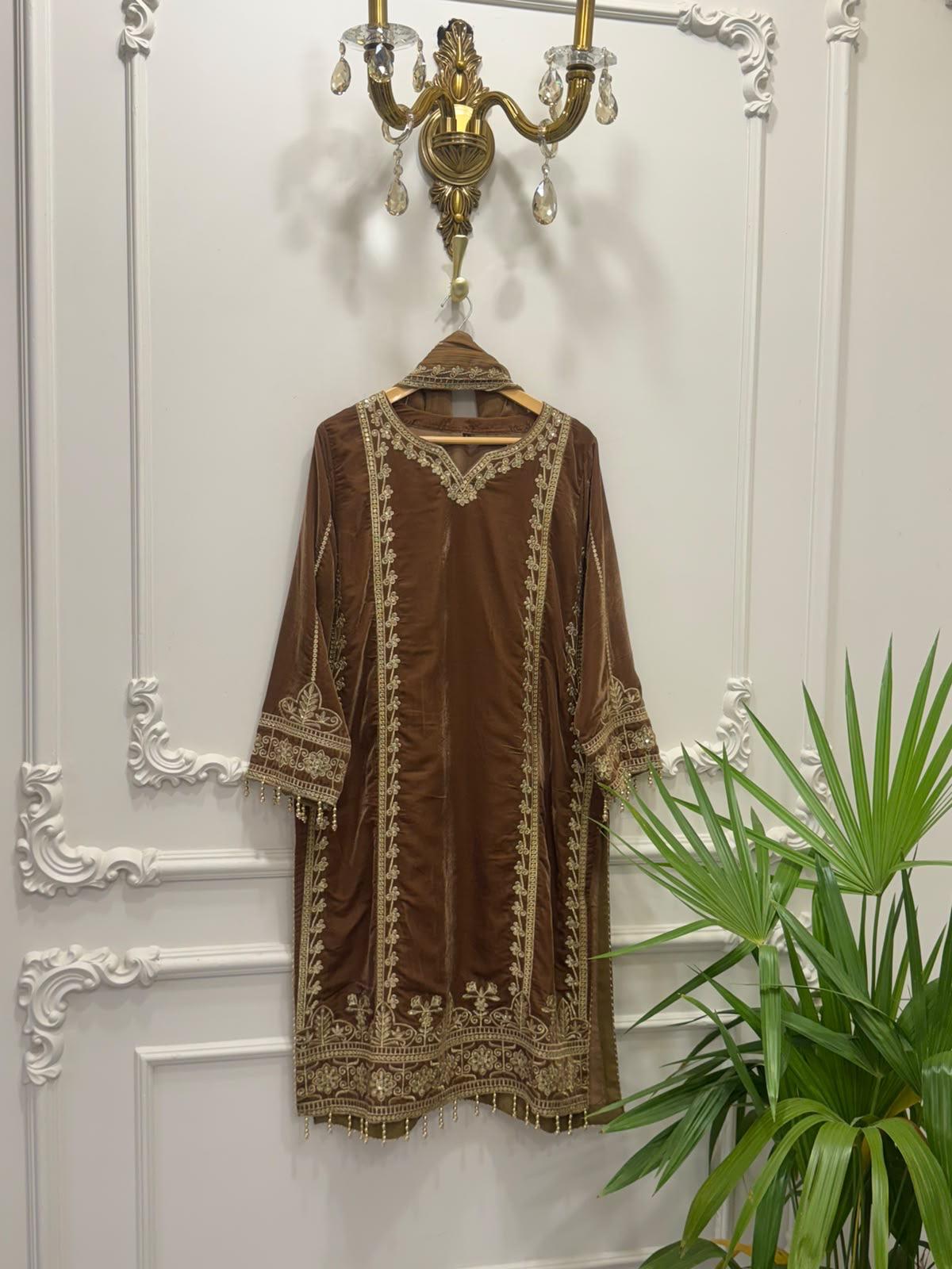 Brown Velvet Embroidered Shirt Palazzo Suit 3PC