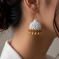 White Carved Jhumka Earrings with Gold-Tone Moti Drops