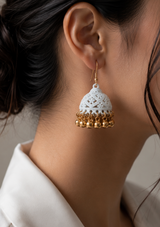 White Carved Jhumka Earrings with Gold-Tone Moti Drops