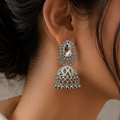 Silver Jhumka Earrings with Oval Crystal Stud and Pearl Drops