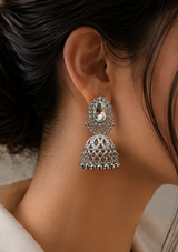 Silver Jhumka Earrings with Oval Crystal Stud and Pearl Drops