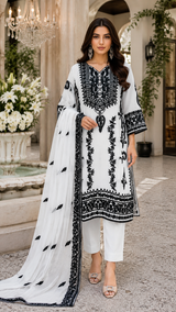White Chiffon Aari Embroidered 3-Piece Pakistani Suit