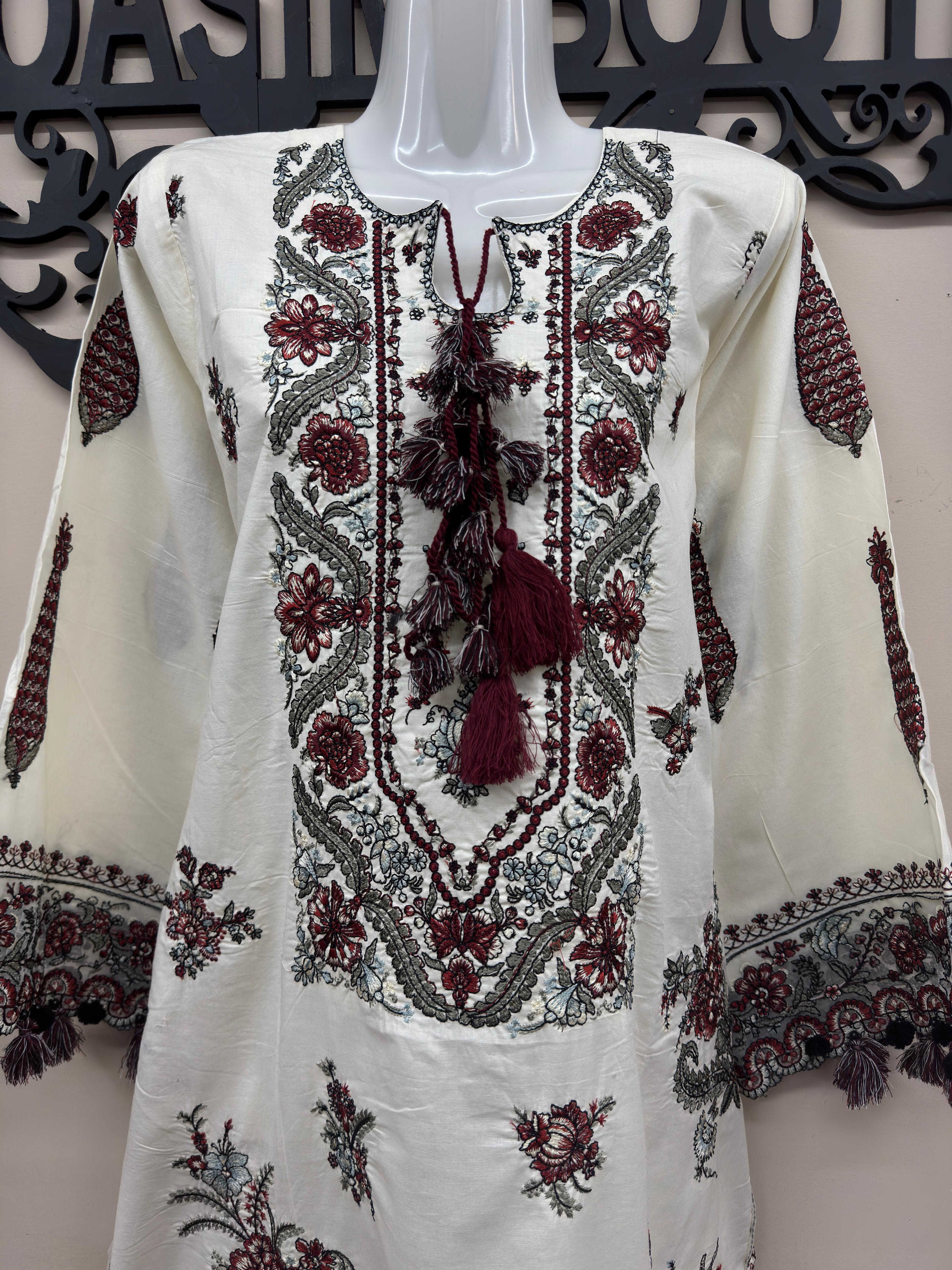 Women embroidered cotton 3 piece Pakistani suit with printed chiffon dupatta
