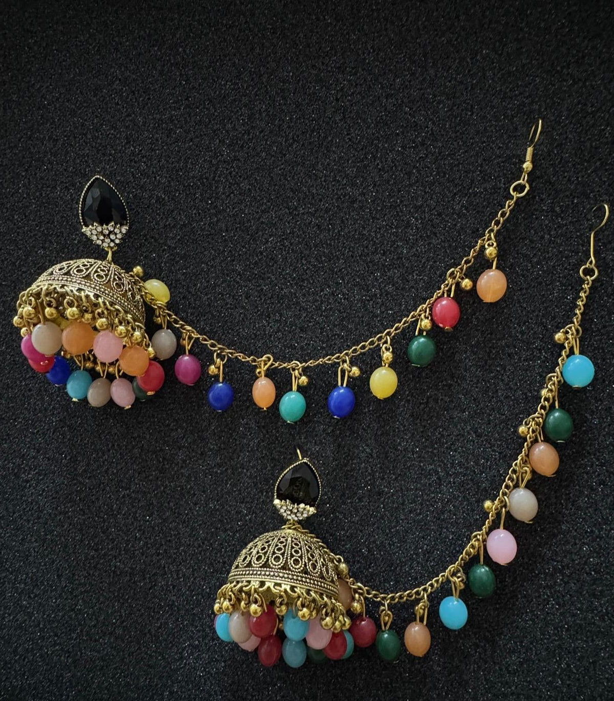 Oxidized Gold Afghan jhumka earrings with colorful beads and decorative sahara chain in Canada