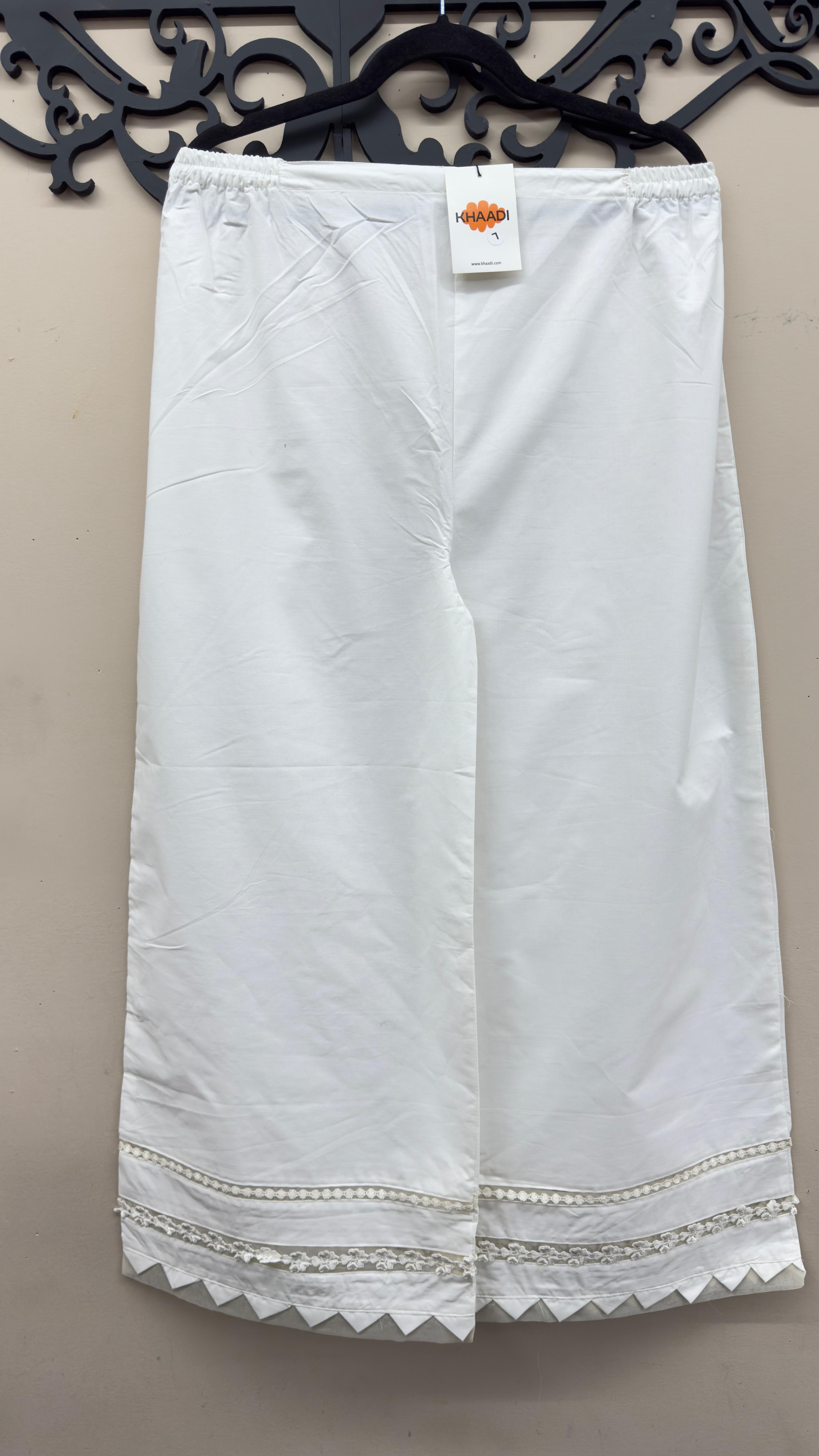 Women's Khaadi off-white ethnic wide-leg trouser for South Asian festive outfits.