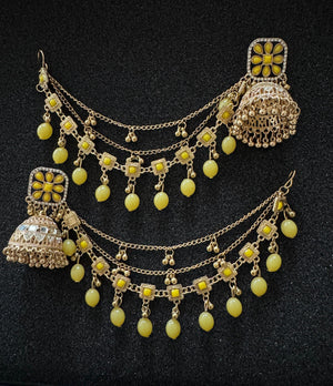 Shop beautiful yellow mirror oxidized jhumka earrings with Sahara chain. Perfect for weddings, Eid, Mehndi, festivals and traditional ethnic outfits in Canada.