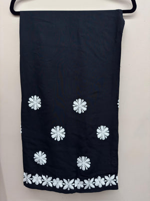 Women's black linen embroidered co-ord set with white embroidery front and back