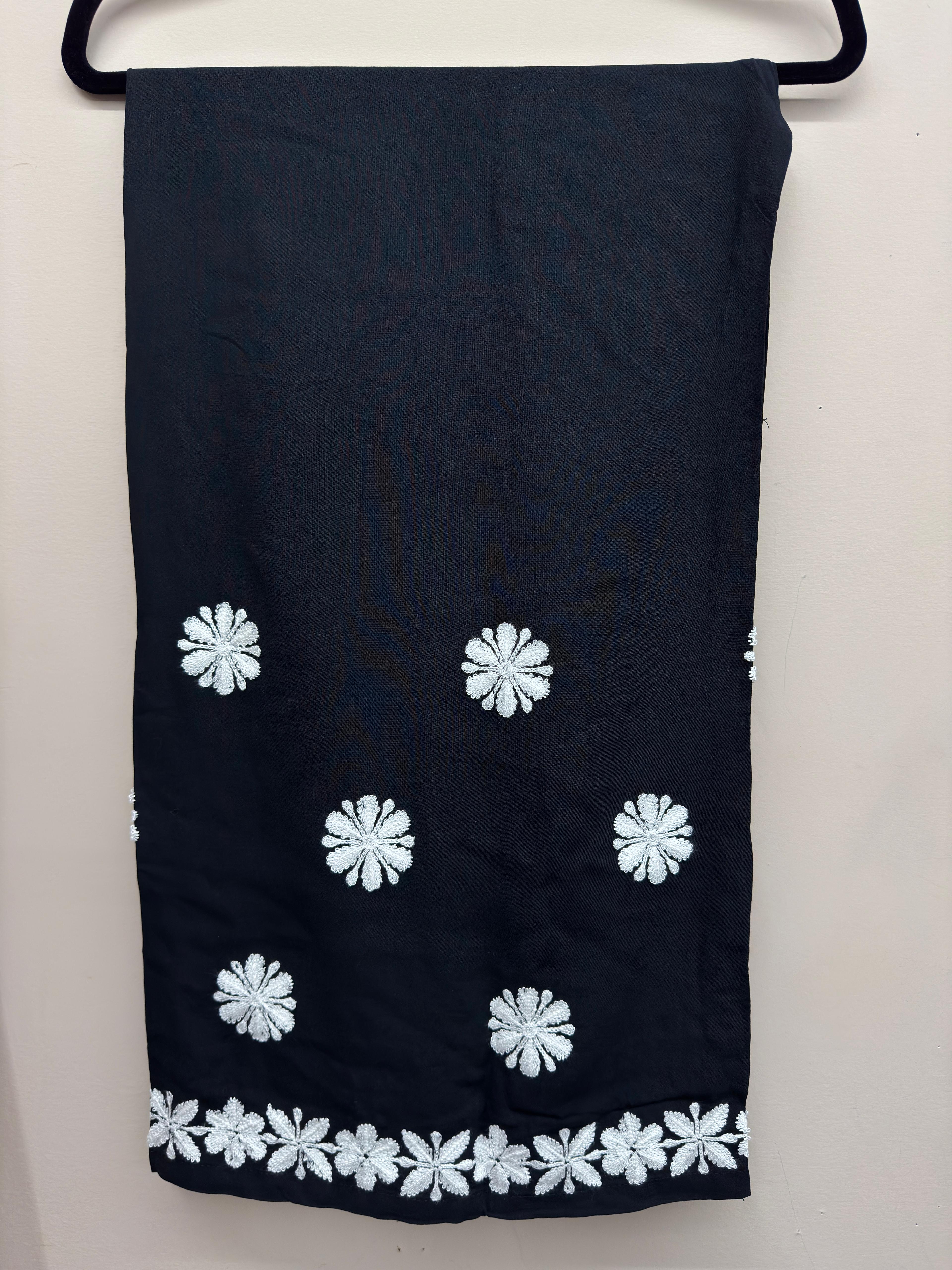 Women's black linen embroidered co-ord set with white embroidery front and back