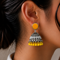 Silver Jhumka Earrings with Yellow Stone Stud and Bead Drops