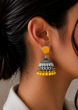 Silver Jhumka Earrings with Yellow Stone Stud and Bead Drops