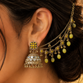 Yellow mirror oxidized jhumka earrings with Sahara chain, floral stud design and yellow bead drops, traditional ethnic jewelry for women in Canada