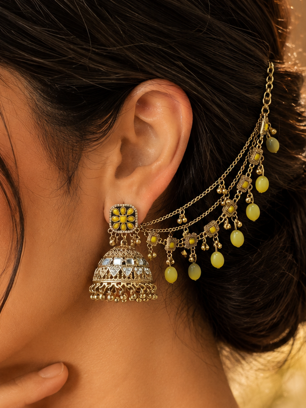 Yellow mirror oxidized jhumka earrings with Sahara chain, floral stud design and yellow bead drops, traditional ethnic jewelry for women in Canada