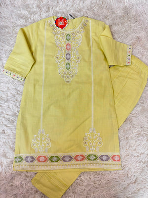Yellow cotton embroidered girls outfit with matching trousers in Canada