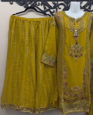 Yellow embroidered chiffon shirt with matching trousers