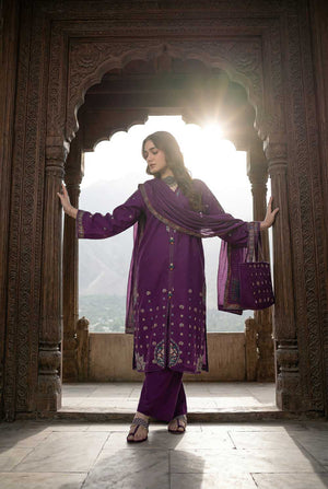 Zahra Rubab ZR-2628 Purple embroidered lawn suit with hand painted doria dupatta