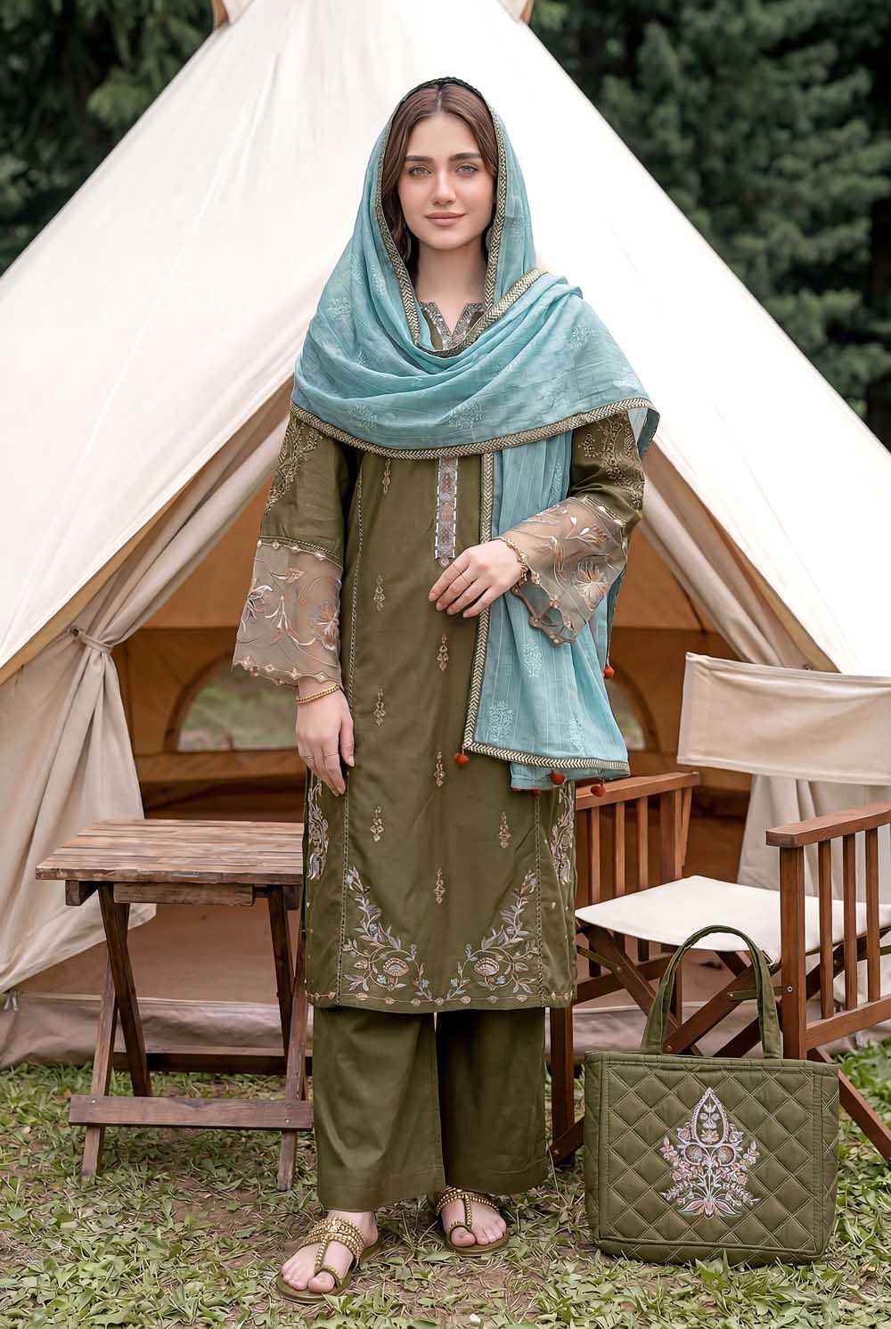 Zahra Rubab Mehndi embroidered lawn suit with hand painted dupatta in canada USA