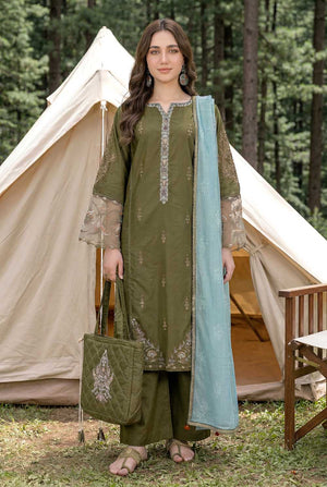 Zahra Rubab Mehndi embroidered lawn suit with hand painted dupatta in Canada