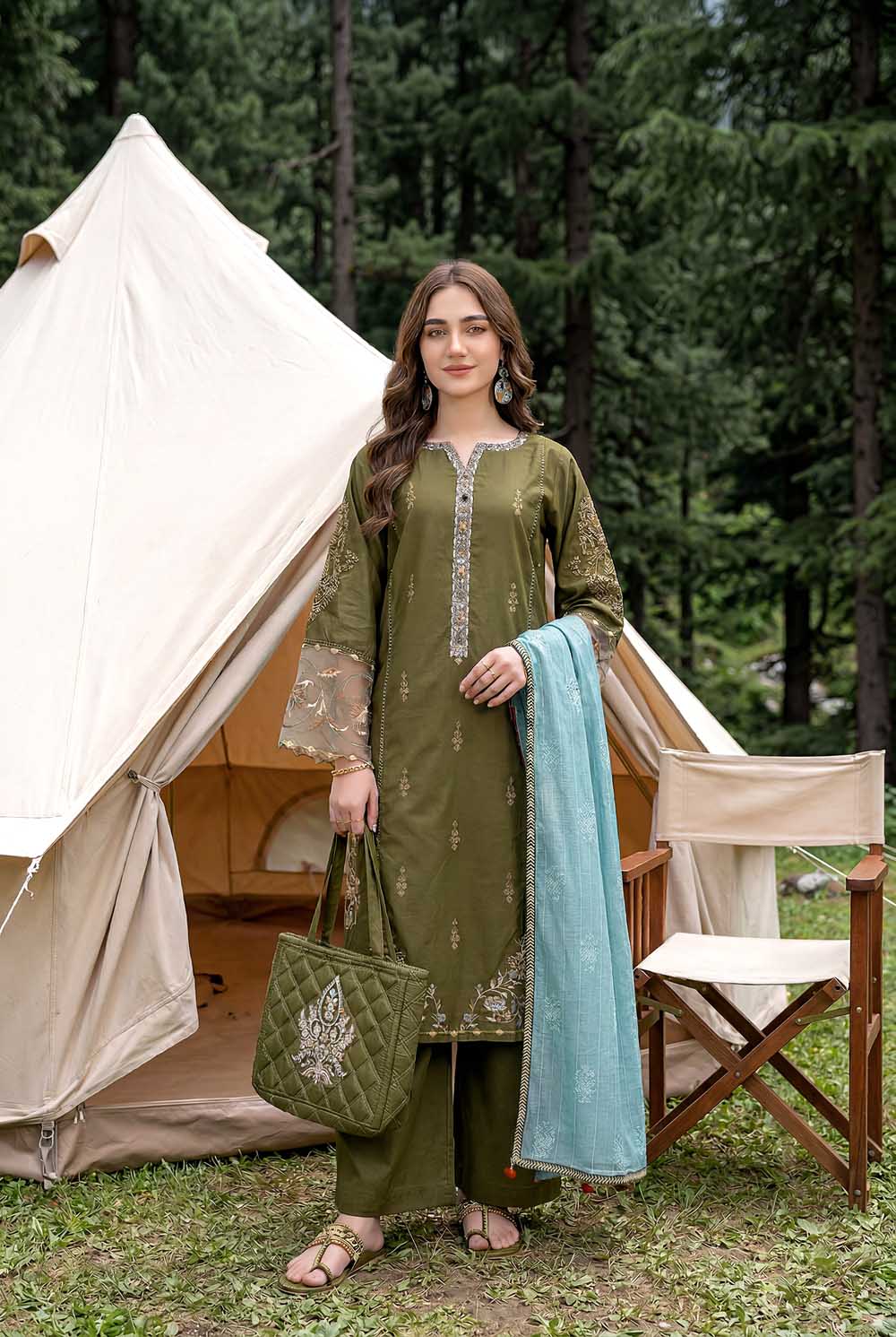 Zahra Rubab Mehndi embroidered lawn suit with hand painted dupatta