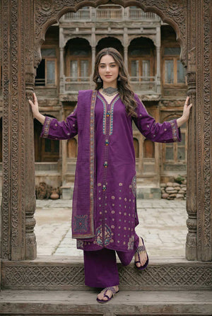 Zahra Rubab ZR-2628 Purple embroidered lawn suit with hand painted doria dupatta