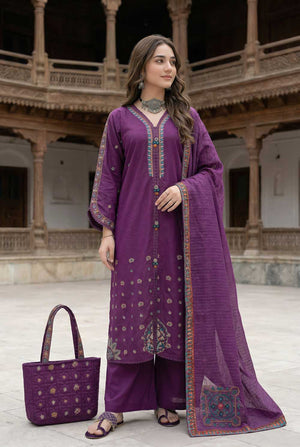 Zahra Rubab ZR-2628 Purple embroidered lawn suit with hand painted doria dupatta in canada