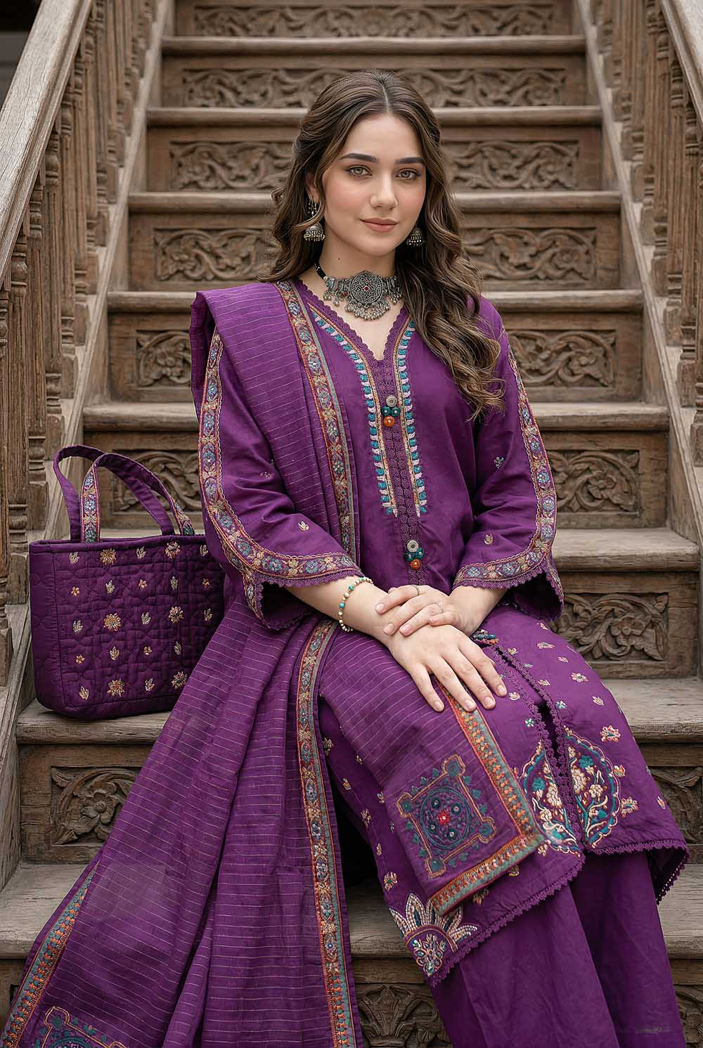 Zahra Rubab ZR-2628 Purple embroidered lawn suit with hand painted doria dupatta
