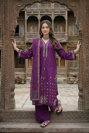 Zahra Rubab ZR-2628 Purple embroidered lawn suit with hand painted doria dupatta