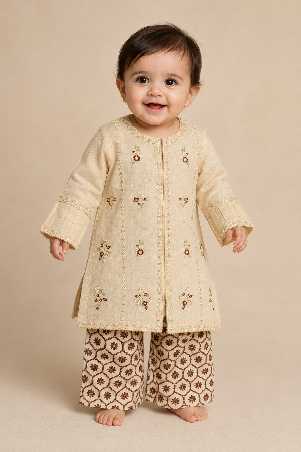 Fancy embroidered cream baby girls 2 piece lawn outfit with brown printed trousers in Canada.