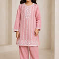 Baby Choice girls pink embroidered cotton 2 piece suit with matching trousers.