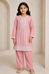 Baby Choice girls pink embroidered cotton 2 piece suit with matching trousers.