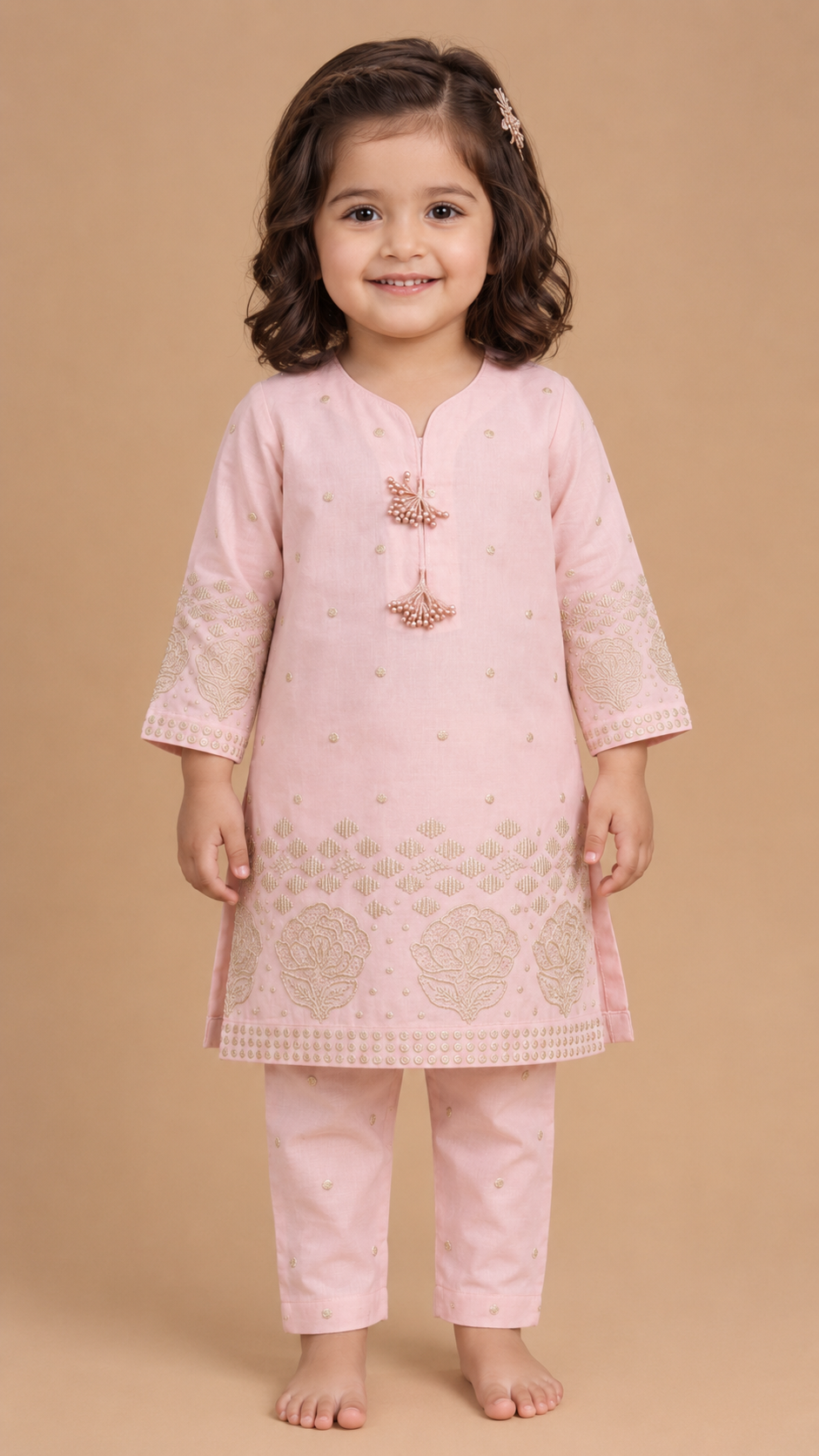 Baby Choice pink embossed glitter lawn embroidered girls 2 piece suit with matching embroidered trousers in Canada