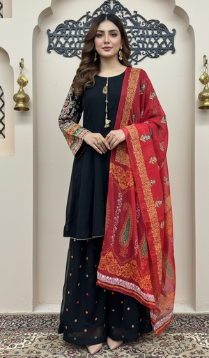 black embroidered dress