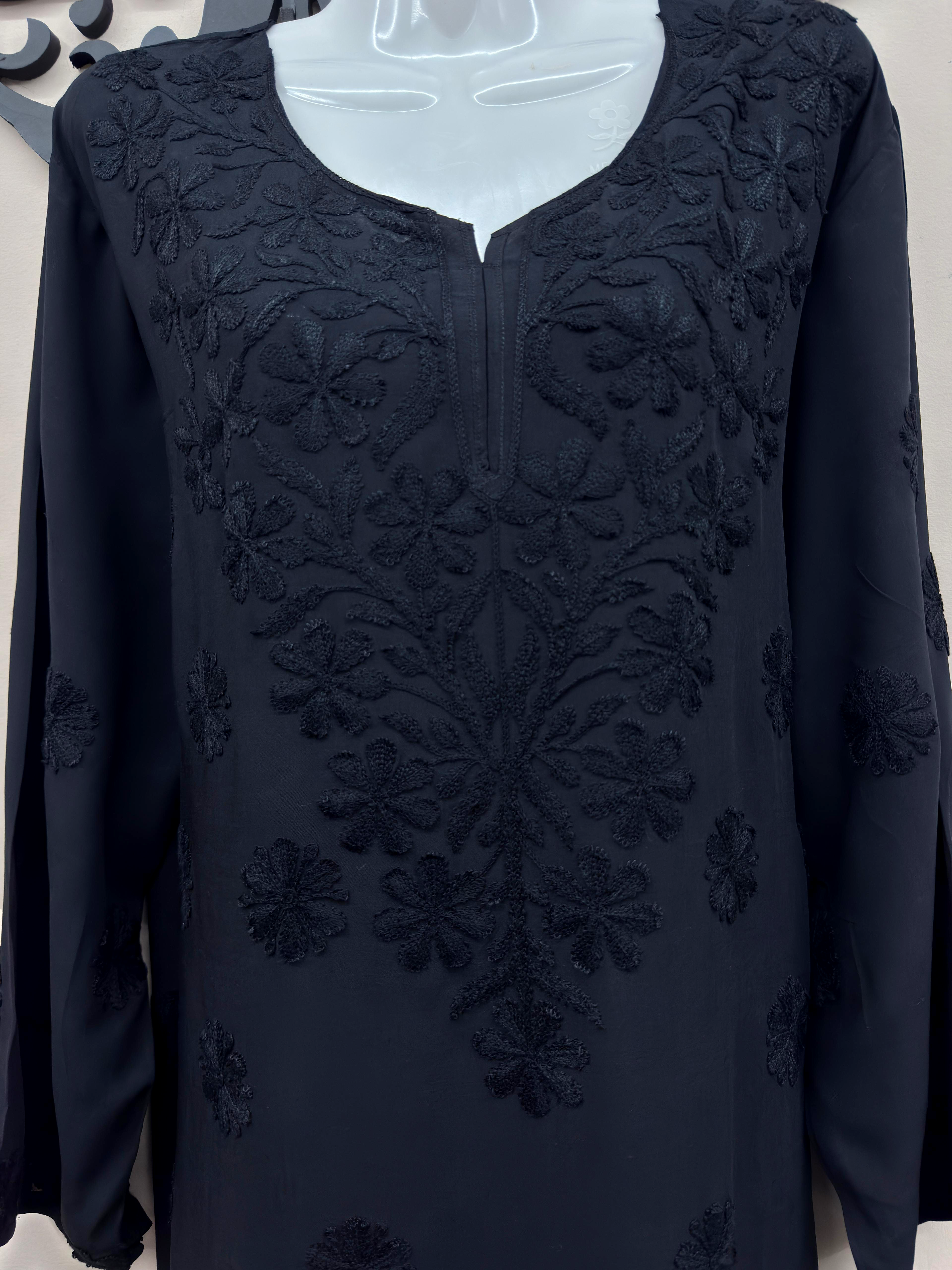 Premium black embroidered linen shirt and palazzo set by Maryam Qasim Boutique