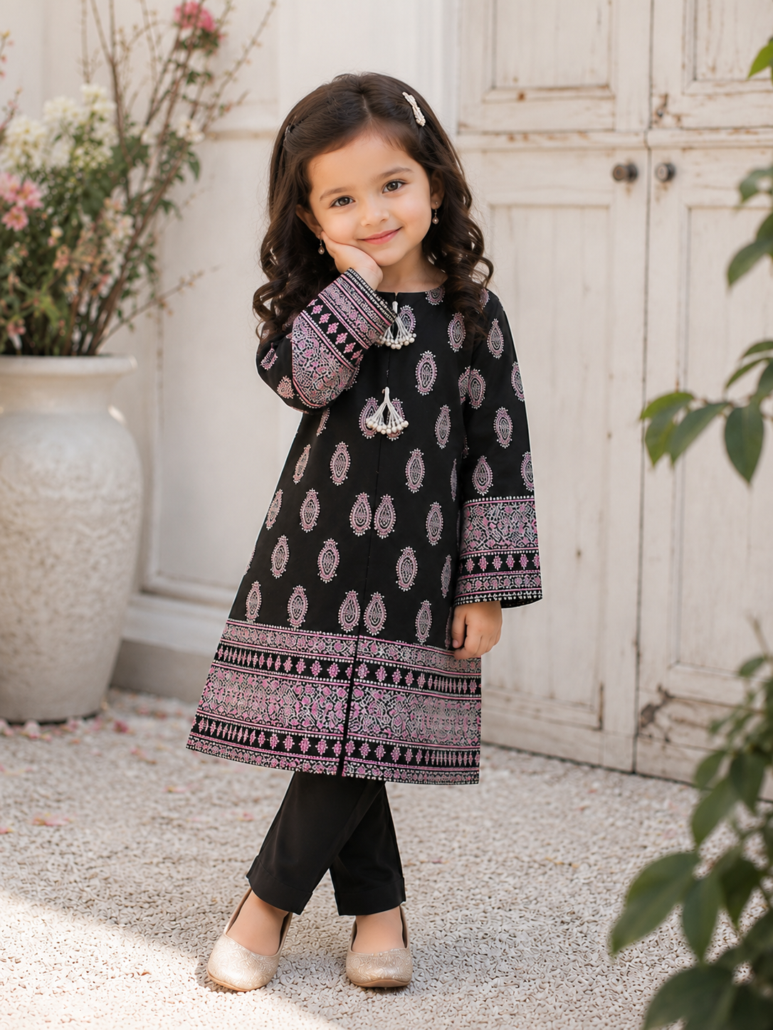 Baby Choice black kids cotton 2 piece suit with printed shirt and matching trousers for girls.