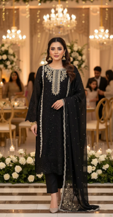 3 Pcs Chiffon Embroidered Suit with Fully Lined Shirt & Border Dupatta