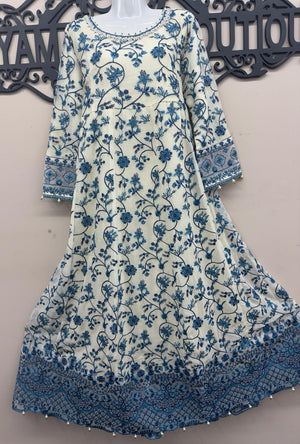 Pakistani blue chiffon embroidered maxi dress with embroidered dupatta and trousers in canada
