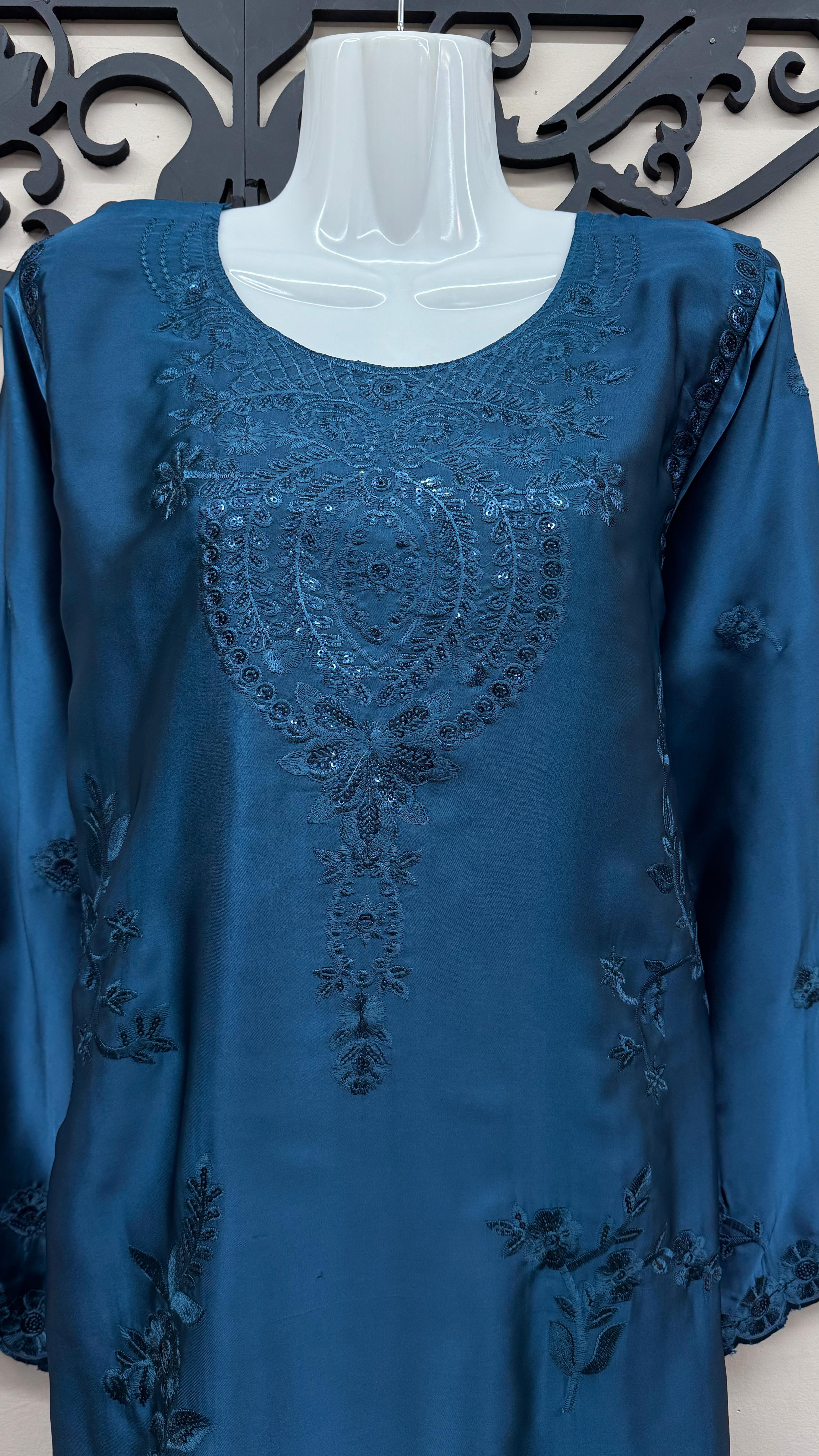 Deep blue teal embroidered silk 3-piece Pakistani suit with chiffon dupatta