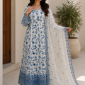 blue chiffon embroidered maxi dress with embroidered dupatta and trousers