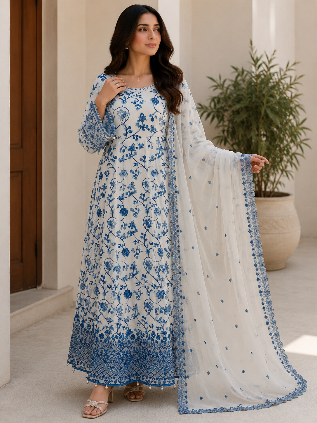 blue chiffon embroidered maxi dress with embroidered dupatta and trousers