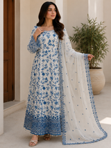 blue chiffon embroidered maxi dress with embroidered dupatta and trousers