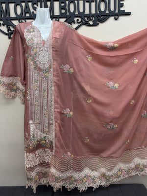 soft pink embroidered cotton 3 piece Pakistani suit with chiffon embroidered dupatta and cotton trousers