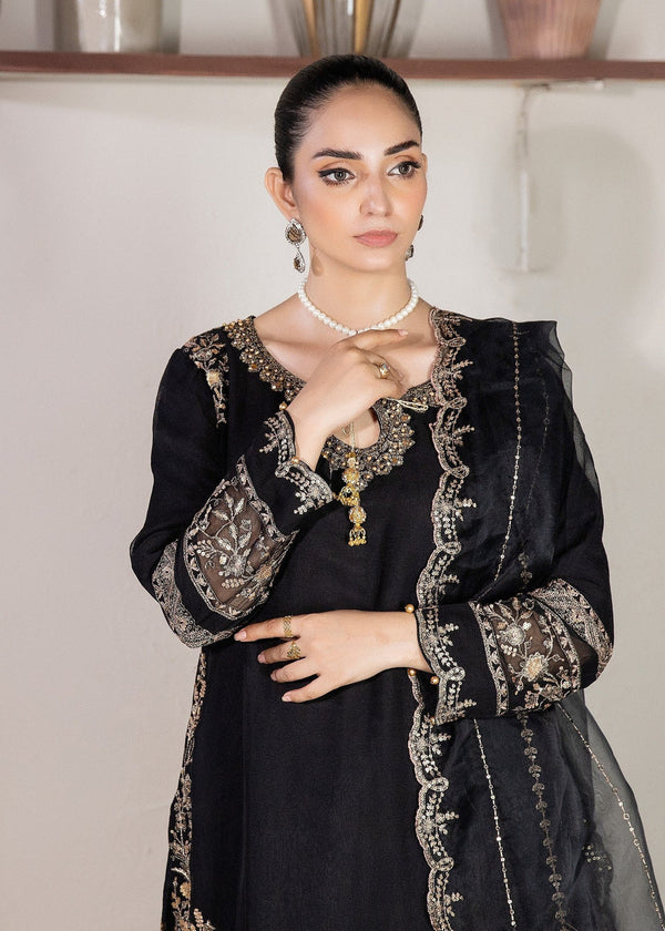 Jet Black Chiffon Kurta Set with Block-Printed Silk Grip Gharara – 3 Piece