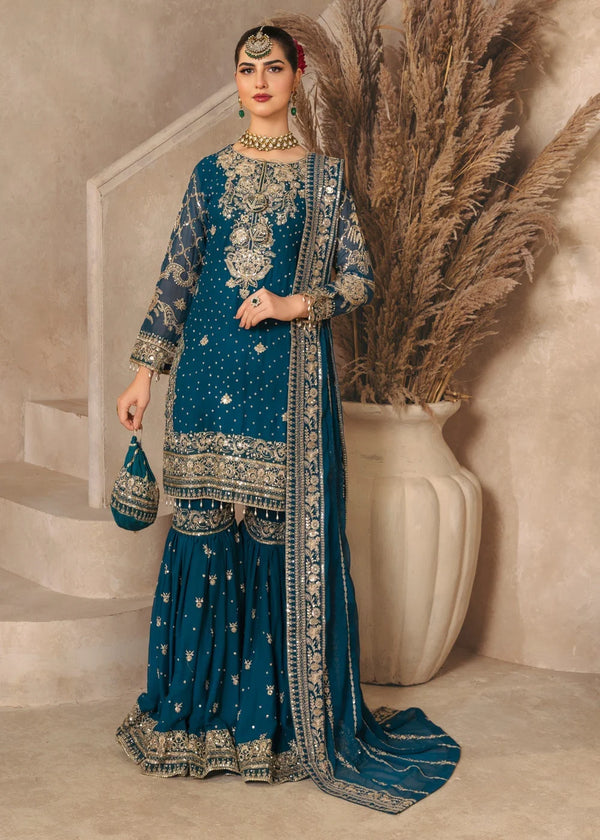 Laung Da Lashkara Teal 4-Piece Chiffon Gharara Suit