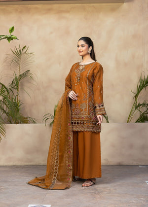 Rustic Brown Organza Short Kurta Set with Embroidery & Crinkle Dupatta – 3 Piece