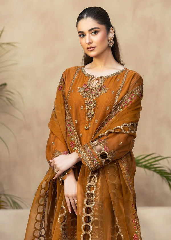 Rustic Brown Organza Short Kurta Set with Embroidery & Crinkle Dupatta – 3 Piece