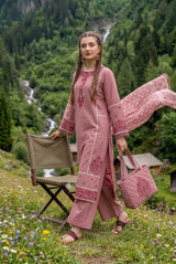 Zahra Rubab Tea Pink 4 Piece Embroidered Lawn Suit with Matching Bag