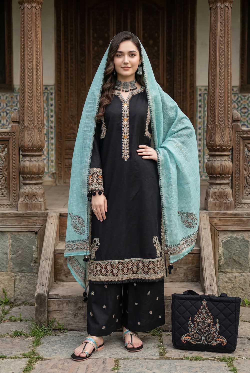 Zahra Rubab Black 4 Piece Embroidered Lawn Suit with Mirror Work & Bag